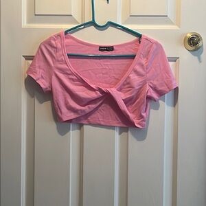 SHEIN Pink Crop Top with Tie Front and Short Sleeves